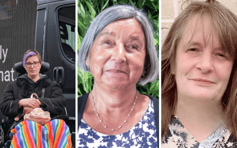 Separate pictures of Dennis Queen in her wheelchair in front of a van; Fazilet Hadi head and shoulders; and Caroline Collier head and shoulders