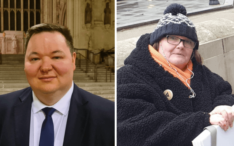 Separate pictures of Andrew Western in Westminster Hall, and Paula Peters in a woolly coat and hat at a protest