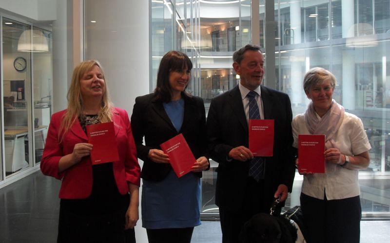 Emily Brothers, Rachel Reeves, David Blunkett and Kate Green holding copies of the disability manifesto