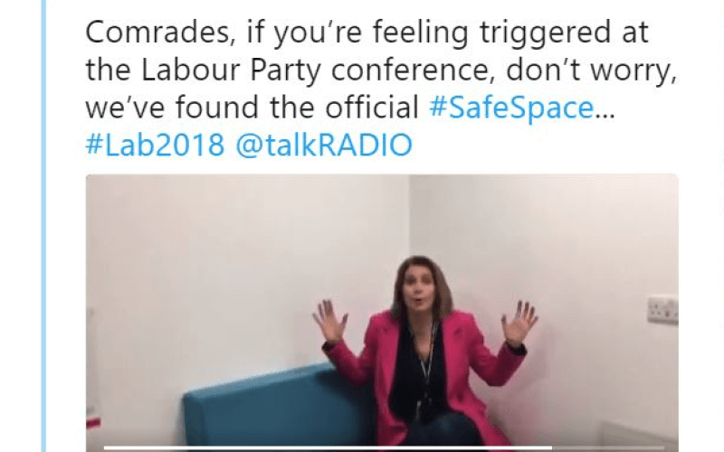 A woman sits on a couch and holds up her hands, beneath a tweet about the safe space