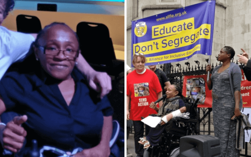 Separate pictures of Michelle Daley, one of them a head and shoulders, and the other speaking from her wheelchair at a protest in front of an Educate Don't Segregate banner