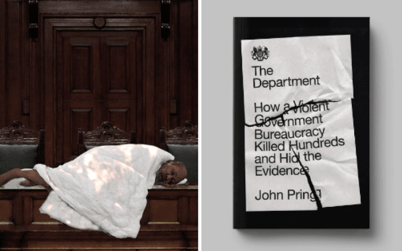 Two pictures. In the first, a man lies on a bench under a duvet in a wood-panelled room. The second shows a book cover, featuring a piece of wrinkled and torn up paper, showing a government crest and the words: 'The Department. How a Violent Government Bureaucracy Killed Hundreds and Hid the Evidence. John Pring'