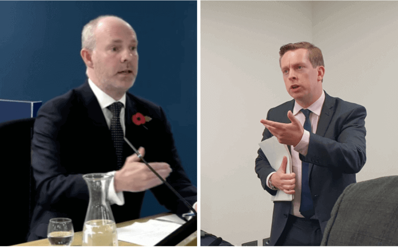 Separate pictures of Justin Tomlinson (speaking at an inquiry) and Tom Pursglove (speaking to someone out of shot)