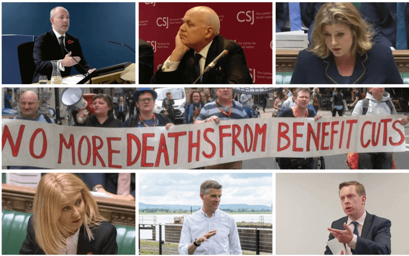 Head and shoulders pictures of Justin Tomlinson, Iain Duncan Smith, Penny Mordaunt, Esther McVey, Mark Harper and Tom Pursglove above and below a photo of six activists holding a banner saying 'No More Deaths From Benefit Cuts'