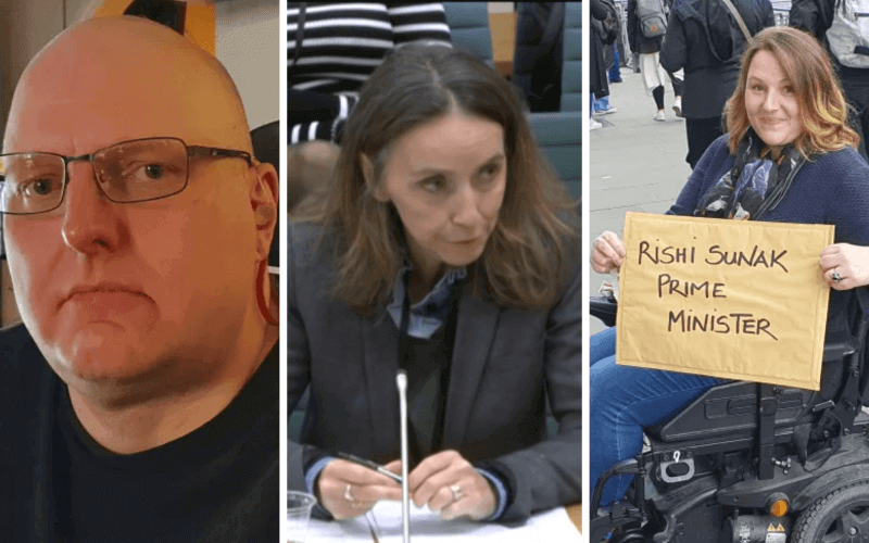 Head and shoulders of a grim-faced Doug Paulley; Alison Smith giving evidence to a Commons committee; Sam Jennings in her wheelchair, smiling and holding a large envelope saying Rishi Sunak prime minister