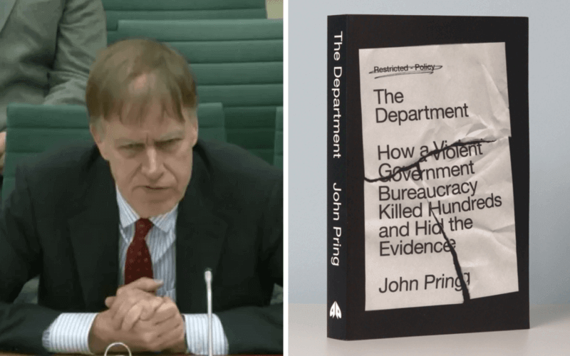 Separate pictures of Sir Stephen Timms giving evidence to a Commons committee, and the front cover of The Department: How a Violent Government Bureaucracy Killed Hundreds and Hid the Evidence