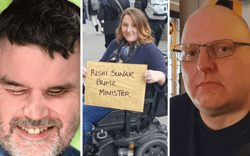 Separate pictures of Andrew Hodgson, head and shoulders; Sam Jennings in a wheelchair, holding a large envelope saying Rishi Sunak prime minister; and Doug Paulley, head and shoulders