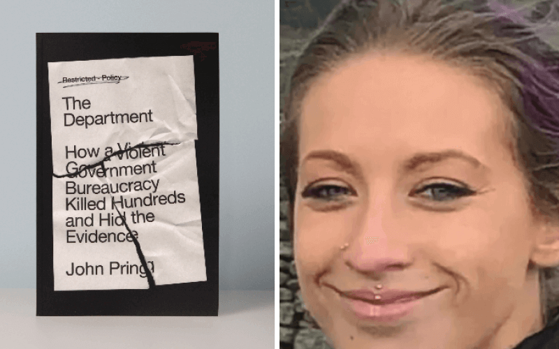 Separate pictures of the front cover of The Department: How a Violent Government Bureaucracy Killed Hundreds and Hid the Evidence; and a head and shoulders of Krissi Hunt, smiling