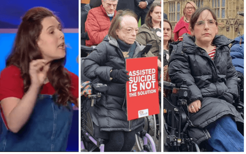 Separate pictures of Rosie Jones on stage, Liz Carr with an anti-assisted suicide placard, and Lisa Hammond in a wheelchair at a protest