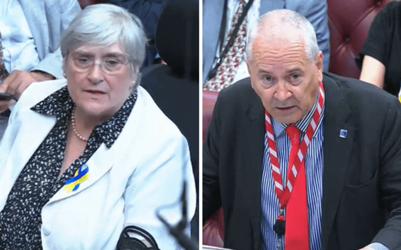 Separate photos of Baroness Brinton and Lord Hendy speaking in the House of Lords