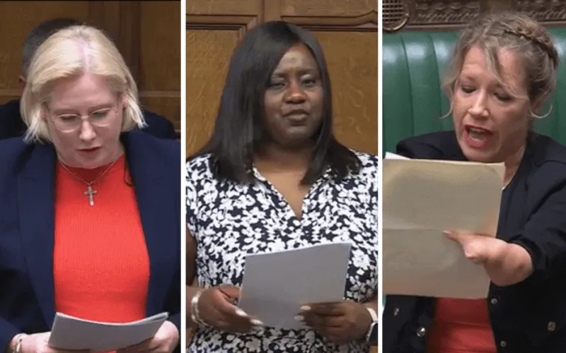 Separate pictures of Emma Lewell, Marsha de Cordova and Marie Tidball speaking in the House of Commons
