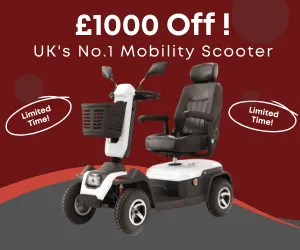 An image of a new black and white mobility scooter against a red and grey background, with the words '£1000 off! UK's No 1 Mobility Scooter' and also the words 'limited time'