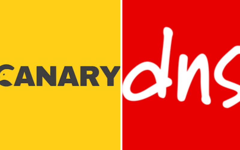 Two separate logos, one in yellow with the word Canary and the C formed by the head of a bird, and one in red and white that says DNS