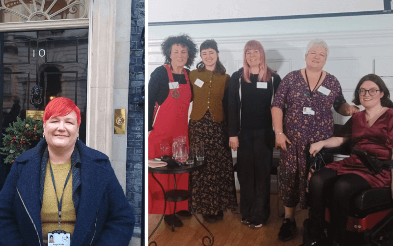 Separate images of Angie Airlie in front of 10 Downing Street, and Angie and four other women, including a wheelchair-user, standing on a stage, smiling